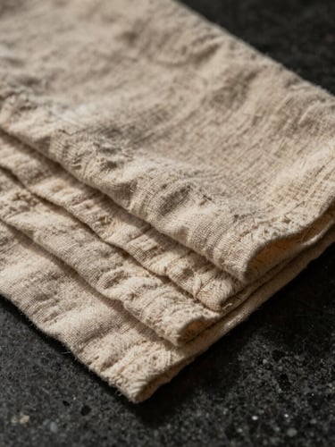 Tactile close-up of heavy textured unbleached cotton linens resting on a dark basalt surface, warm low-key light casting deep shadows.