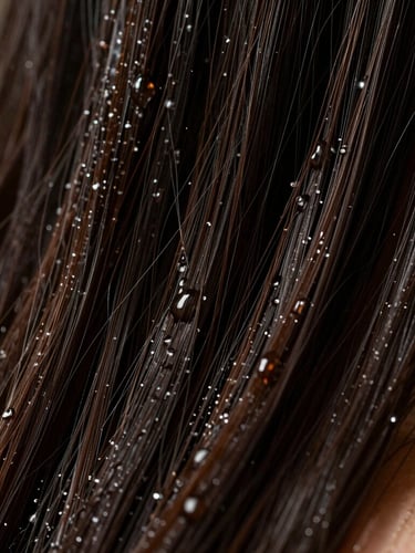 Extreme close-up of dark, lustrous hair strands gliding through warm water, low-key dramatic lighting with deep shadows, tactile water droplets, high-fashion editorial crop.