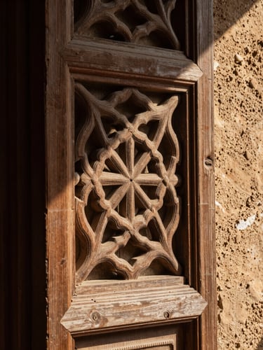 Extreme close-up of light filtering through a carved wooden screen onto a raw stone wall, deep shadows, warm sand tones, architectural detail of a quiet sanctuary.