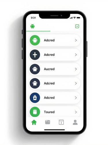 High-fidelity vector UI mockup of an Android application on a clean device screen, displaying structured layouts and large touch targets, bright studio lighting