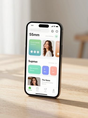 A high-fidelity modern Android device mockup displaying a clean, vibrant lifestyle application interface on a bright, minimalist wooden table under soft, natural morning light, 50mm lens.