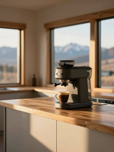 Sun-drenched interior of a modern Boise mountain home, clean wooden countertops, local coffee setup with golden-hour window light, shallow depth of field