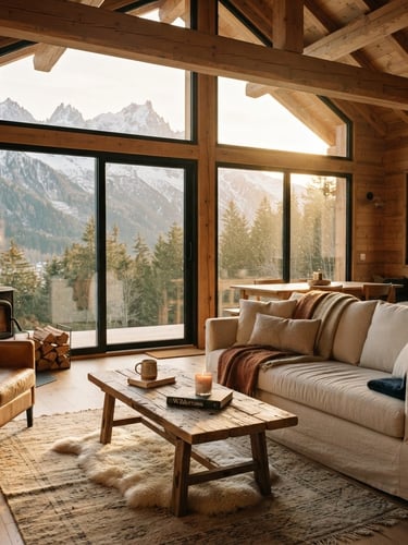 Warm editorial photography of a sun-drenched modern mountain cabin interior, golden-hour natural light spilling through large windows, soft mountain tones, clean composition, 35mm.