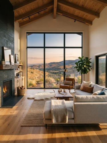 Wide environmental shot of a modern mountain home living room in the Boise foothills, sun-drenched interior with warm golden-hour window light casting long shadows on oak floors, clean contemporary furniture, large glass window in the background showcasing sweeping views of rolling hills, warm editorial photography, soft mountain tones, 35mm