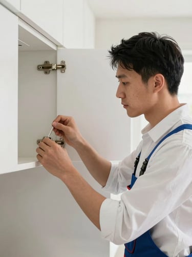 A professional handyman in a clean work shirt adjusting a cabinet hinge in a bright, modern kitchen, close-up shot, natural residential daylight.