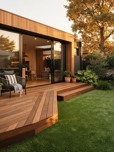 Warm editorial architectural photography of a finished modern home extension with clean timber deck lines meeting perfectly laid artificial turf, bright natural golden-hour light