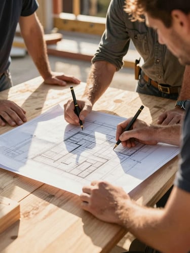 Behind-the-scenes photo of an organized construction crew drafting plans on-site, warm natural daylight, high-contrast details of timber blueprints and architectural layouts, professional atmosphere