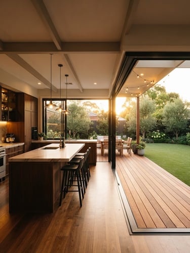 Wide architectural angle of a completed kitchen opening onto a custom timber deck and perfectly laid artificial turf, warm ambient interior lighting meeting bright golden-hour sunlight outside.