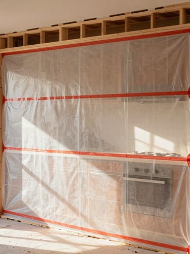 Warm editorial architectural photography of a clean, organized kitchen renovation job site mid-construction. Precise timber framing is visible behind a professional dust-barrier wall sealed with red tape, bright natural daylight pouring in.