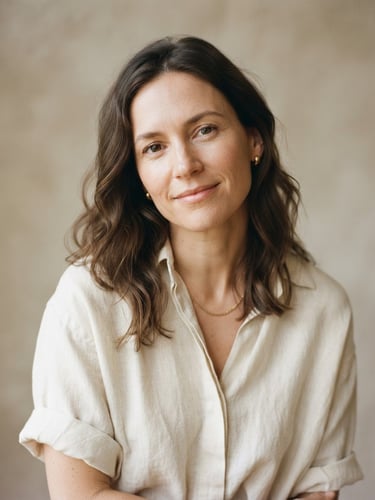 Elegant minimalist portrait of a woman in a draped cream linen shirt, soft natural daylight, warm neutral background, 35mm