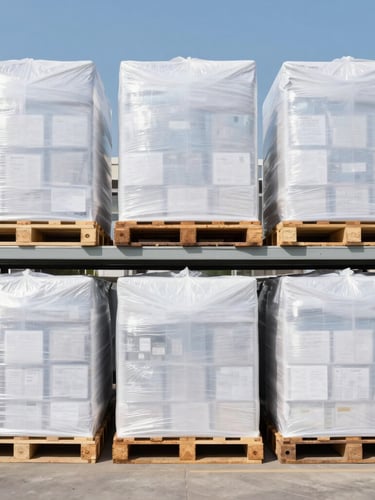 Straight-on eye-level shot of neatly organized warehouse shelves with shrink-wrapped pallets of goods under bright, clear daylight, sharp focus, 35mm