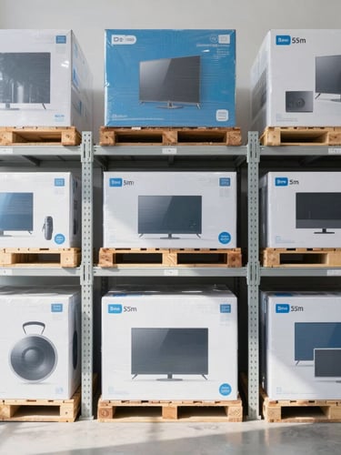 Straight-on eye-level shot of neatly organized warehouse shelves with shrink-wrapped pallets of electronics and home goods, bright natural warehouse daylight, crisp white and blue tones, sharp focus, 35mm