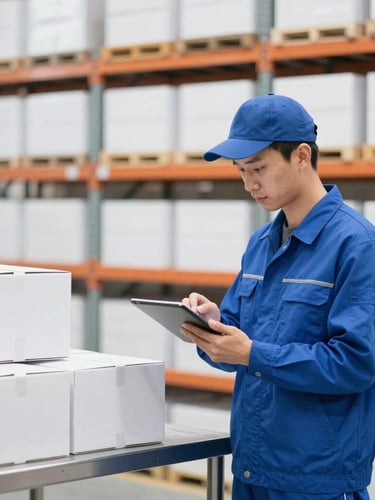 A wholesale warehouse worker in a clean blue uniform inspecting retail boxes on a metal table, checking items against a digital tablet, bright natural light, sharp focus, 35mm