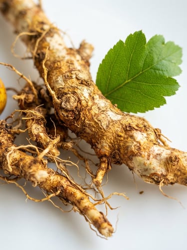vibrant botanical photography, bright natural sunlight, rich green and golden tones, crisp details, 50mm lens. Close-up of clean, raw tejocote roots on a crisp white clinical surface with soft natural morning sunlight and a small green leaf.