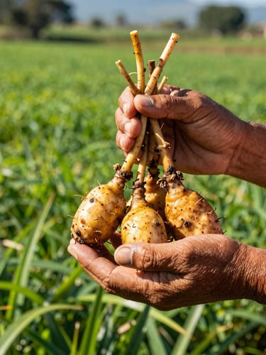 vibrant botanical photography, bright natural sunlight, rich green and golden tones, crisp details, 50mm lens. Hands of a Mexican farmer gently holding freshly harvested, clean tejocote roots in bright morning sunlight, green fields in the background.