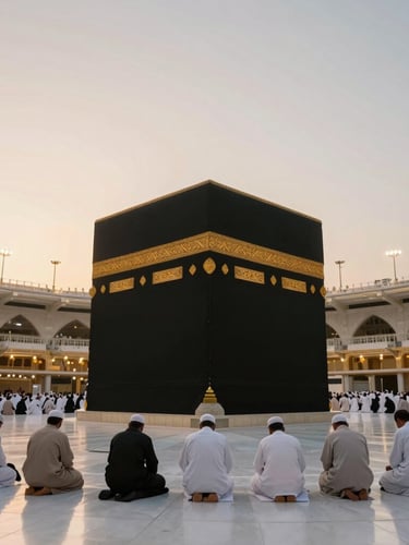 A peaceful, wide environmental shot of the Kaaba in Makkah during dawn, soft golden light illuminating the courtyard, pilgrims in prayer, 35mm lens, warm editorial photography