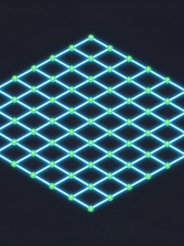 Isometric vector illustration of a glowing digital street grid, neon electric blue lines on a dark slate background, cyber green node connections, 30-degree perspective, high-contrast digital art.