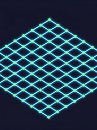 Isometric vector map of a digital street grid, glowing electric blue neon lines, cyber green nodes, dark slate background, clean 30-degree perspective geometric lines