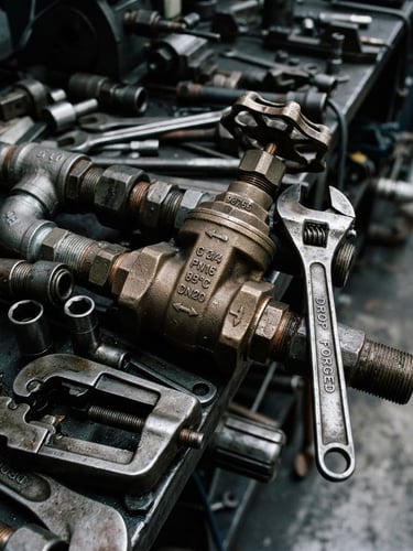Close-up of manufactured metal tools and industrial plumbing valves with stamped tolerance marks, high-contrast workshop lighting, cool slate and copper tones, sharp detail, 35mm