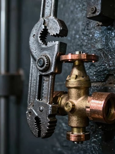 Close-up of a heavy-duty steel pipe wrench adjusting a massive brass plumbing valve, dramatic high-contrast industrial workshop lighting, cool slate tones with warm copper highlights, 35mm.