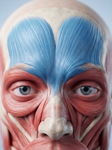 High-resolution 3D anatomical render of the human face, highlighting the frontalis muscle in blue, crisp clinical studio light, sterile blue and white tones, macro depth of field, high-detail scientific visualization