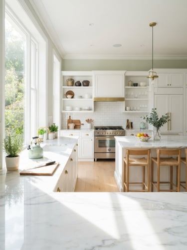 Bright high-key interior photography of a modern sunlit kitchen, pristine marble countertops with sharp reflections, architectural digest style