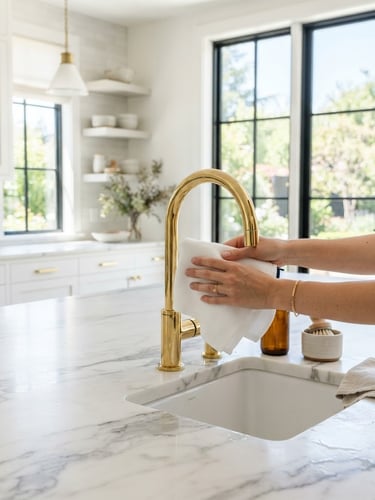 Bright sunlit modern kitchen with pristine white marble countertops, sharp reflections, professional hands wiping down high-end brass fixtures, high-key natural daylight, architectural digest style