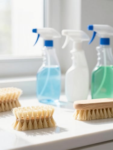 Macro shot of clean modern cleaning tools, wooden brushes, neat spray bottles on a pristine white countertop, high-key natural morning light