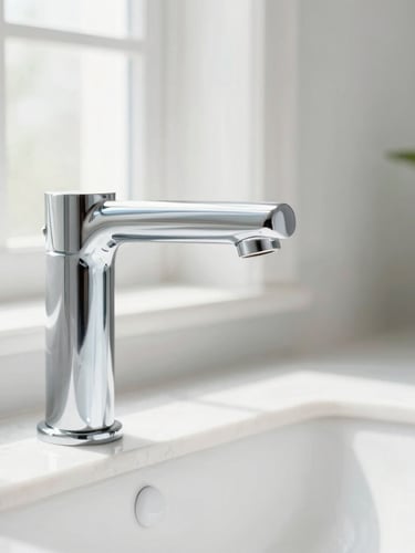 Close-up macro shot of a sparkling polished chrome faucet in a bright sunlit bathroom, clean white marble countertop, high-key natural morning light, 35mm