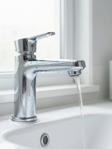 Close-up of a sparkling clean bathroom faucet, water droplets on polished chrome, bright morning window light, high-key photography, 35mm