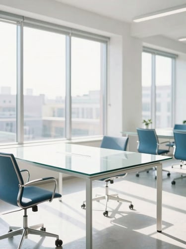 Bright, sunlit modern office workspace with clean glass desks, minimalist chairs, natural morning light, high-key photography, 35mm