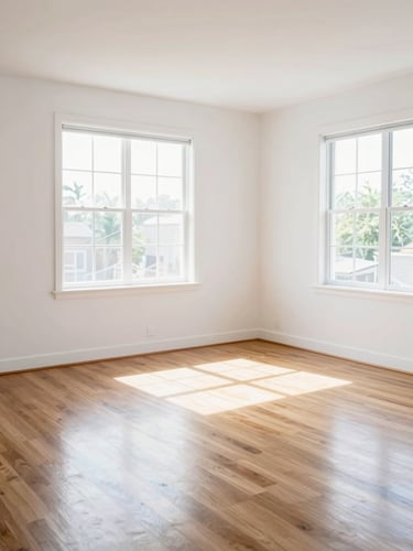 Empty, pristine apartment living room with polished hardwood floors, bright light streaming through large windows, move-in ready, 35mm
