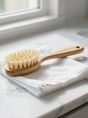 A neat wooden cleaning brush and a white microfiber cloth resting on a polished marble countertop, high-key morning light, 35mm