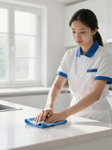 A professional cleaner in a neat uniform using a microfiber cloth to clean a bright, high-key modern kitchen counter, natural morning light