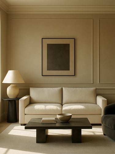 Straight-on architectural elevation of a sun-drenched luxury living room, soft natural morning light casting gentle shadows, muted beige and charcoal tones