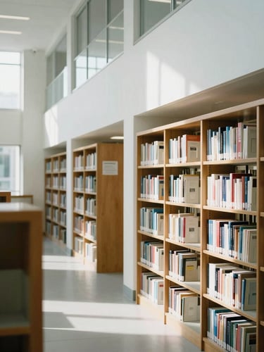Bright natural library daylight, architectural lines of a modern university study space, soft desaturated tones, 35mm photography