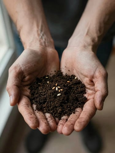 Close-up overhead of a single handful of dark soil held in open palms, a few small seeds visible between the fingers, soft window light from the left, matte earthy tones, rough texture of working hands