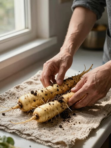 Hands arranging freshly harvested root vegetables on a rough linen cloth in a kitchen prep area, late morning window light from the left, soil still visible on the skins, no flash