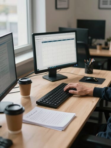 Wide shot of a small agency workspace during non-service hours — a hand resting on a keyboard beside a printed content calendar, a coffee cup and handwritten notes on a pale wooden desk, soft north-facing daylight from a window to the left, no people facing camera