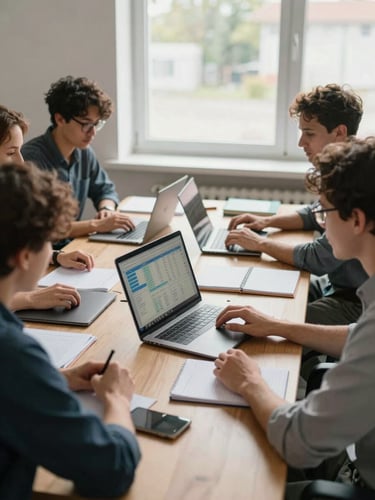 Close wide shot of a small agency team seated around a wooden desk, hands on keyboards and notebooks, reviewing analytics on a laptop screen under north-facing window light — no one looking at camera, natural daylight, documentary framing