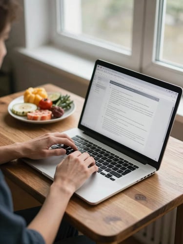 Agency team member reviewing content drafts on a laptop at a small wooden desk, a plate of ingredients resting beside the keyboard, north-facing window light, hands visible on keyboard