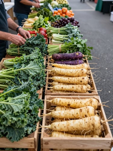Overhead wide shot of an outdoor food market stall under natural morning light, wooden crates of root vegetables and herbs arranged in neat rows on a long table, a vendor's hands adjusting a bundle of kale at the left edge, empty aisle visible beyond, cool northern daylight, no people looking at camera
