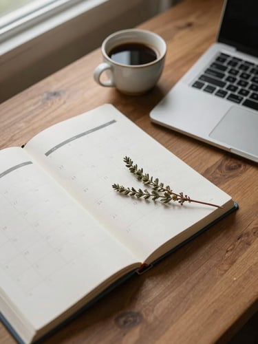 Overhead close-up of a wooden desk under soft north-facing window light — a content calendar spread open beside a laptop keyboard, a small ceramic cup of coffee to one side, a single sprig of dried herb resting on the page, no hands visible, matte natural textures throughout