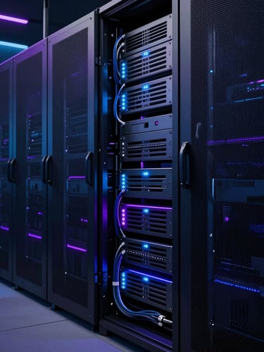 Sleek dark-mode technology photography, low-key server room with glowing blue and purple LED accents, clean cabling, premium corporate aesthetic, 35mm