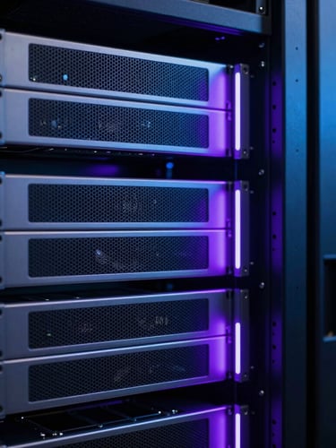 Sleek dark-mode technology photography, close-up of clean glowing server racks with electric blue and purple LED ambient lighting, sharp focus, premium corporate aesthetic, 35mm