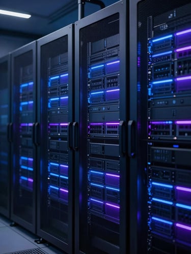 Sleek dark-mode technology photography, glowing blue and purple server racks in a secure data center, sharp focus, 35mm