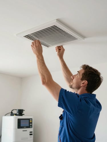 Straight-on documentary shot of a clean-cut technician in a bright Toronto home interior adjusting a clean, white ceiling air vent, natural high-key lighting, professional HEPA filtration equipment visible in the background.