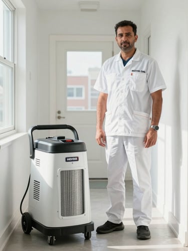 A bright, high-key documentary-style portrait of owner Musthafa Nawas Shafras Nawas in a clean professional uniform, standing next to a modern HEPA-filtered duct cleaning machine inside a well-lit, clean Toronto residential hallway. Natural light coming from a nearby window, sharp focus.