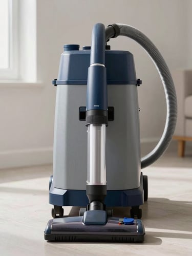 Straight-on technical shot of a professional HEPA-filtered vacuum extraction unit connected to a clean residential duct system, bright natural lighting, slate grey and blue equipment