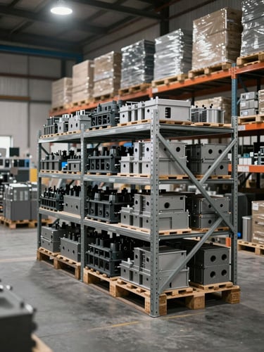 Industrial goods stacked on pallets inside warehouse, metal shelving units loaded with manufactured components and raw materials, overhead warehouse lighting, organized inventory visible across multiple racks, neutral gray and steel tones